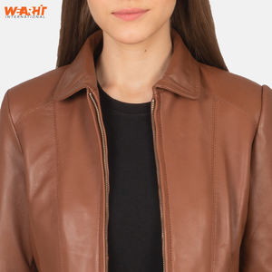 Classic Lightweight Breathable Women's Genuine <b>Tan</b> <b>Brown</b> Leather Motorcycle Jacket Slim Fit Soft Cow Skin Outerwear Stand Zipper - Product Image 3