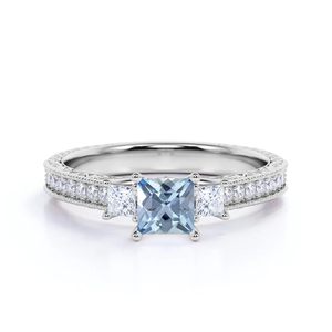 925 Sterling Silver Classic Style Wedding Minimal Ring <b>for</b> Women Aquamarine Cubic Zirconia Halo Engagement Moissanite Main Stone - Product Image 6