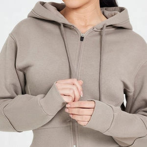 Women Crop <b>Top</b> Zipper Hoodie Street Wear Women <b>Long</b> <b>Sleeve</b> Cropped Zipper Hoodie <b>Brown</b> Dyed Terry Zipper Hoodies Cotton Made - Product Image 4