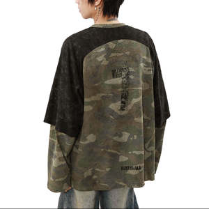 Camiseta de calle de gimnasio de algodón 100% para hombre, camisas de punto ligeras de color sólido de manga larga con cuello redondo holgadas de doble capa - Product Image 2