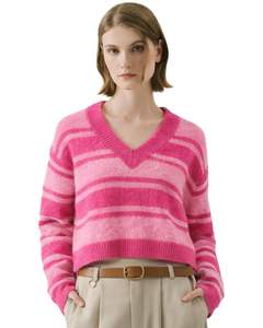 Customized Pink Striped <b>Women</b> V Neck Knit Sweater Soft Fuzzy Fabric Long Sleeve <b>Cropped</b> Winter Casual Pullover Fashion Top - Product Image 1