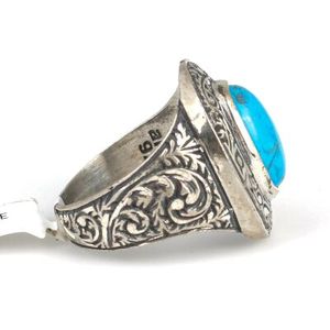 Anillo de Plata de Ley 925 de 14K para Hombre, Estilo Pluma, Rectangular Ovalado, con Turquesa en Engaste de Bisel, Delicado para Uso Diario - Product Image 4