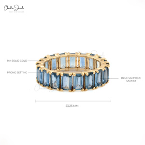 <b>Unique</b> Emerald Cut Eternity Wedding Band With Natural Blue Sapphire Gemstone, 14K Purity Real Yellow Gold <b>Ring</b> for Her - Product Image 2