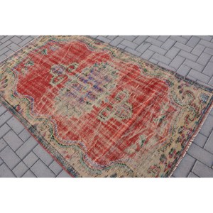 Tapis turc vintage grande surface 4.1 X 6.9ft classique rouge beige motif abstrait laine matériel 10mm Latex pour couloir chambre décor - Product Image 4