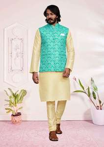 Proveedor Mayorista de Tela de Seda Mezclada, Kurta Pijama de Color Sólido, Ropa Festiva Cómoda para Hombre, Exportación Global de Alta Calidad - Product Image 3