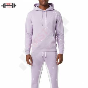 ชุดเสื้อมีฮู้ดแบบสวมหัวและกางเกงขาบานสำหรับผู้ชายระบายอากาศได้ดีชุดวอร์มผ้าคอตตอนขนแกะ100% แอซิดแบบเย็บปัก - Product Image 1