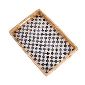 Venta al por mayor de bandejas de té de ratán rectangulares con incrustaciones de nácar de tablero de ajedrez con mango hecho en Vietnam - Product Image 3