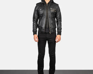 แจ็คเก็ตหนังสีดำสำหรับฤดูหนาวแบบ unisex มีกระเป๋าแบบมีฝาปิดที่อก มีฮู้ด ปิดด้วยซิป ดีไซน์สั่งทำได้ สีพื้น OEM สำหรับผู้ชาย ตกแต่งแบบ patchwork สไตล์วินเทจ - Product Image 4