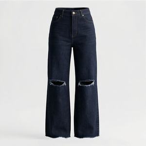 Customizable Wholesale <b>Women</b> Denim <b>Jeans</b> Sand Wash Breathable Dip Dye Ripped Frayed Straight Premium Trendy Fashion Trousers - Product Image 1