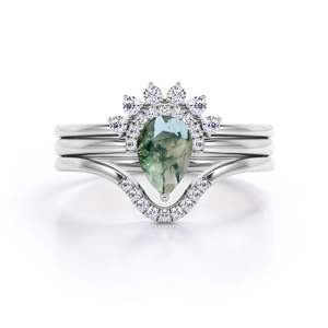 Anillo de compromiso personalizable de 1 quilate con ágata musgosa en forma de lágrima y moissanita, chapado en oro rosa sobre plata 925, con engaste de puntas y grabado. - Product Image 1