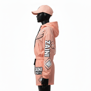 Ensemble short coupe-vent pour femmes Tissu tissé en polyester respirant Couleur pêche Logo en chenille personnalisé Ensemble short coupe-vent grande taille - Product Image 3