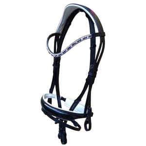 Bridon de dressage en cuir avec frontale à 3 rangs de cristaux, rembourrage blanc, muselet rembourré et rênes en cuir – Équipement équestre de luxe - Product Image 2