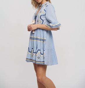PRINTED FASHION SHORT BLUE <strong>DRESS</strong> WITH GOLD/BLUE EMBROIDERY DECORATED WITH NECK TUSSLES ONE SIZE (100% COTTON) - Product Image 3