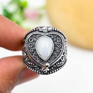 Moonstone Pill Box Ring Adjustable 925 Sterling Silver Secret Message Box Ring Unique Jewelry Holiday Gift - Product Image 1