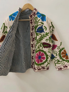 Indian Summer <b>Jacket</b> with Floral Suzani Embroidery Printed Cotton Coat with Button Printed Knitted <b>Short</b> <b>Jacket</b> - Product Image 3