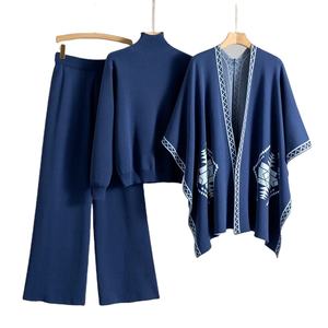 2025 Spring Lady Outfit Cozy Knit <b>Shawl</b> Pants Sets 3 Pieces With <b>Women</b> Turtleneck Sweater Wide Leg Trousers - Product Image 1