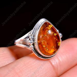 Bague de fiançailles élégante classique en argent Sterling 925 avec coupe poire pour femme, ambre de la Baltique, cadeau de réglage de lunette - Product Image 1