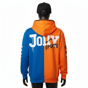 Sweat à capuche zippé pour femme en molleton épais 320 GSM, mélange de coton doux, panneau bleu orange, logo imprimé en caoutchouc personnalisé, fermeture éclair - Product Image 2