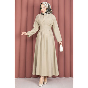 Vestido Formal Modesto Color Beige Oscuro con Cintura Plisada y Detalle de Cinturón, Transpirable, Talla XS, para el Día, Disponible en Largo hasta el Suelo y hasta la Rodilla - Product Image 4