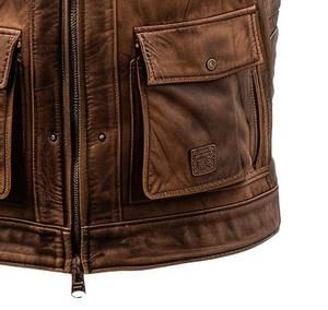 Chaleco de cuero puro desgastado marrón genuino hecho a mano cuello elegante botón único sólido invierno Slim-Fit Biker Racer - Product Image 5