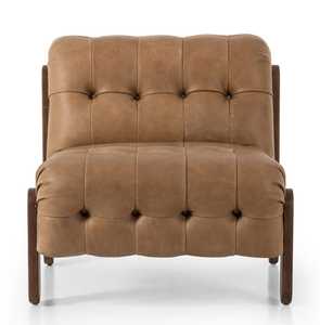 Fauteuil lounge moderne de luxe sans accoudoirs avec revêtement en cuir capitonné et pieds en teck massif - Product Image 3