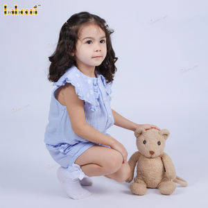Blue ODM Wholesale Girls Clothing Sets Casual Smocked with Character Pattern Hand Embroidered Floral Collar 100% Cotton-DR4079 - Product Image 4