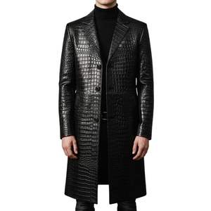 <b>Mens</b> Genuine <b>Black</b> Crocodile Leather <b>Long</b> <b>Coat</b> Luxury Handmade Full-Length Overcoat - Product Image 4