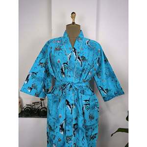 Pure Cotton Indian Handprinted Boho Kimono Dress Summer <b>Beach</b> Cover up <b>Robe</b> with Blue Ocean Fish Print for Christmas - Product Image 5