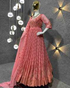 Diseñador de las mujeres Faux Georgette encaje borde Dupatta totalmente cosido largo bordado vestido indio bodas fiestas Material pesado - Product Image 2