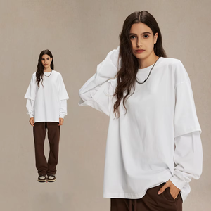 T-shirts à manches de stock de luxe lourd 305 Gsm coton lourd Double couche chemise à manches longues léger personnalisation T-shirt pour hommes - Product Image 4