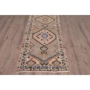 Alfombra Vintage de 2.9x10.4 pies, Alfombra Turca de Lana con Puntos Azules y Marrones - Product Image 2