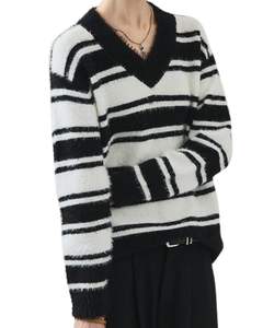 Custom Black <b>White</b> Striped Women V Neck Sweater Soft Knit Pullover <b>Long</b> Sleeve Winter Casual Fashion Jumper For Wholesale Sale - Product Image 5