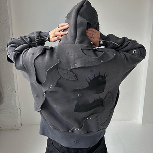 OEM Bulk 450 Gsm Heavy <b>Plain</b> <b>Hoodie</b> Winter Streetwear 100% Cotton Distressed Patch Prewashed Fleece Custom Logo Print - Product Image 5