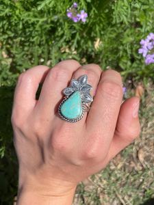 Teardrop <b>Turquoise</b> Flower <b>Ring</b> 925 Sterling Silver Natural Stone Oval Cut Bezel Setting Wedding Party - Product Image 5