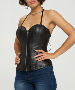 PU cuir femmes Corsets femmes Corset en Faux cuir fermeture à glissière avant désossage Corset haut avec dentelle arrière réglable - Product Image 2