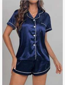 Conjunto de traje de noche relajado de satén Floral para mujer, pijama de novia de seda con botones con pantalones cortos lisos/sólidos para ropa de dormir de verano - Product Image 2