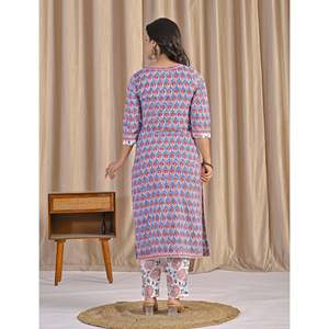 Light Blue Hand Drawn <b>Block</b> <b>Printed</b> Cotton Kurta Pant Set Indian Ethnic Suit for Girls for Daily Wear Parties Special Occasions - Product Image 6
