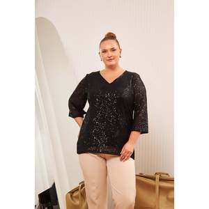 Blusa de Lentejuelas Forrada Talla Grande Negra - Product Image 1