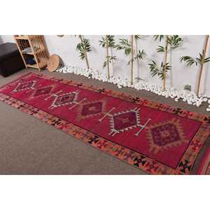 Vintage Rug, <b>Runner</b> 3.2x11.5 ft Turkish Rug, <b>Red</b> Plants & trees Wool Rug - Product Image 2