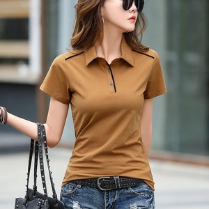 Camiseta de verano 2025, camiseta de manga corta de algodón de Color sólido con cuello vuelto, Camiseta corta ajustada, botones para mujer, estilo coreano dividido - Product Image 3