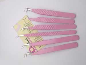 Pince à épiler d'extension de cils enduite de couleur rose Diamond Grip Logo privé Volume de pointe en fibre d'acier inoxydable Pince à épiler pointue incurvée - Product Image 3