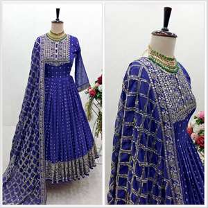 Vestido de fiesta de seda de diseñador con trabajo de bordado de secuencia Dupatta de pavo real - Product Image 2