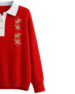 Pull en tricot à col polo rouge pour femmes avec broderie, manches longues, doux, chaud, décontracté, pull d'hiver pour les acheteurs en gros, vente en gros - Product Image 3