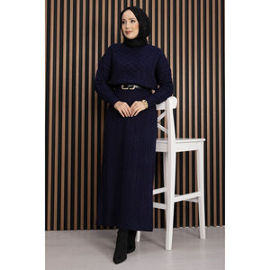 Navy Blue Maxi A-Line <b>Dress</b> Textured Knit Casual Modest Style Simple Fashion Print <b>Loose</b> Winter Made Viscose Nylon Washable - Product Image 1