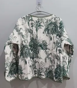 Women's Reversible Cotton Quilted Jacket Hand Block Print Indigo Coat with Short Style Women's Coat - Product Image 4