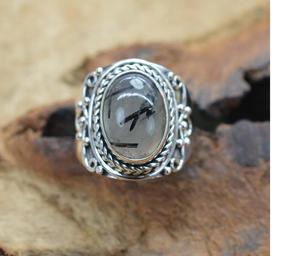 Anillo de piedras preciosas de Plata de Ley 925 rutilo negro hecho a mano elegante joyería Natural regalo para su piedra natal de abril - Product Image 2