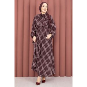 Vestido Hijab con Estampado a Cuadros Borgoña, Tejido de Punto con Cintura Fruncida - Product Image 5