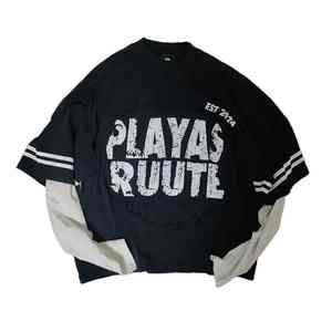 Streetwear personnalisé avec logo et design Patchwork double couche à manches longues surdimensionné 100% coton T-shirt lourd à vendre - Product Image 1