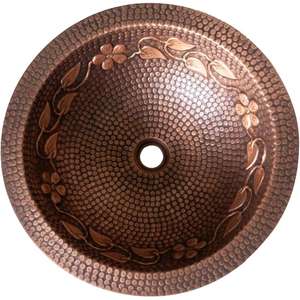 Fregadero de baño de un solo cuenco antiguo moderno, recipiente de cobre con diseño Floral, patrón texturizado martillado, estilo decorativo debajo del Monte - Product Image 1