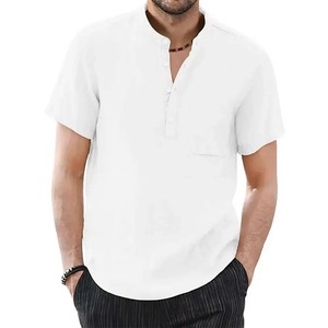 Camiseta de manga corta de verano transpirable acogedora para hombre 100% algodón y lino Color sólido Ropa informal para hombre - Product Image 1